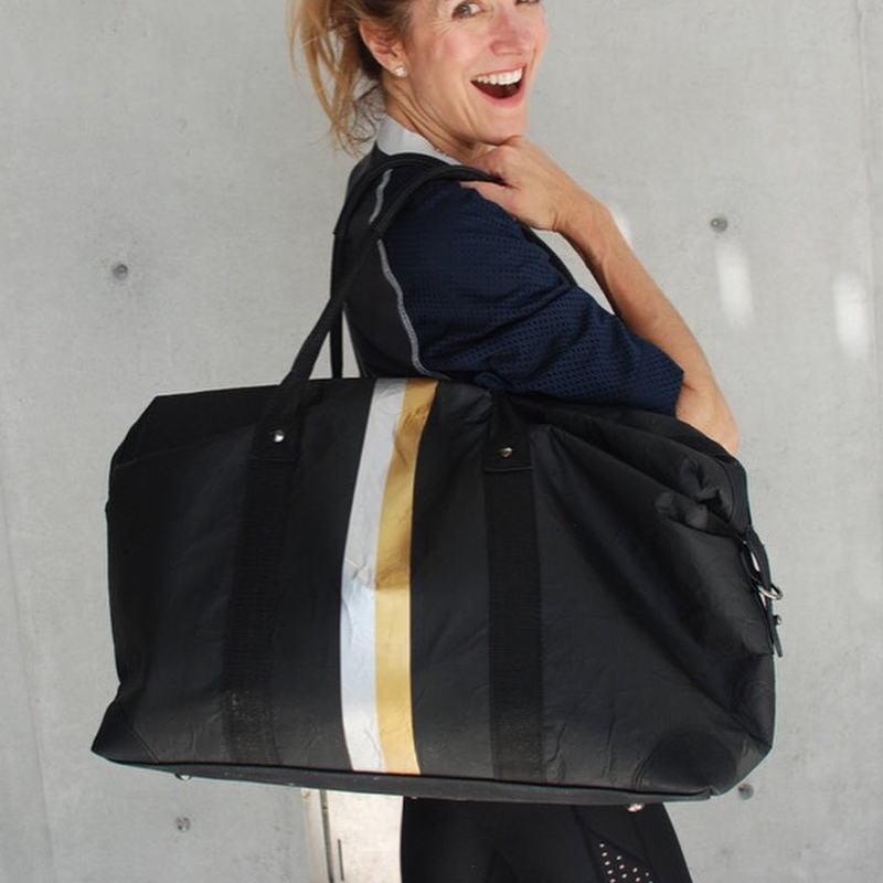 Ladies Tyvek Weekender Bag recyclable- Black with Metallic Double Line